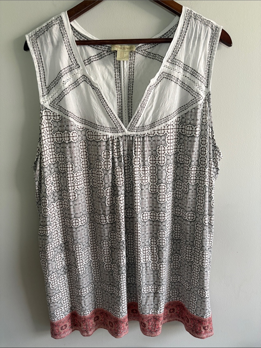 Cynthia Rowley 3X Sleeveless Boho Blouse White Gray Border Print Cotton Gauze